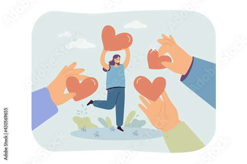 Hand giving hearts to happy woman isolated flat vector illustration. Cartoon metaphor of generosity as donation support and sharing love. Charity project, assistance and solidarity foundation concept