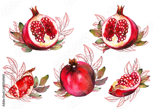 Beautiful set of red pomegranate fruits arrangements. photo