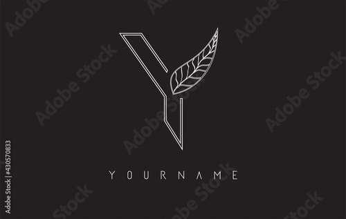 White Outline Y Letter Logo with outline leaf design. Vector illustration, icon, concept for your personal branding or company.