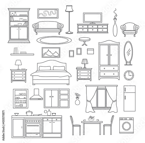 Furniture Items Set in linear simple style. Living Room, Bedroom, Kitchen Interior Elements.
