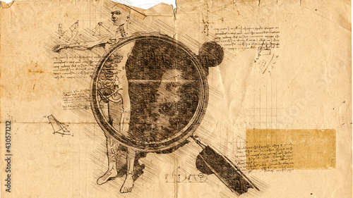 Anatomy of man under magnifying glass in Leonardo Da Vinci style .Digital sketch representation.