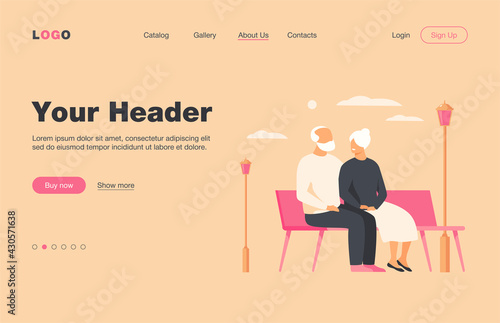 Happy senior couple sitting on bench in park isolated flat vector illustration. Cartoon old characters relaxing together on nature. Family and retirement concept
