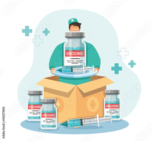 Man holds the vaccine box. delivery of covid-19 vaccines. Medicine healthcare concept, Vector illustration