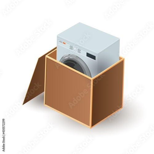 Cartoon washing appliance for household chores, bathroom equipment for cloth washing. Vector purchase for new home, relocation, moving to new place. Household idea isolated on white