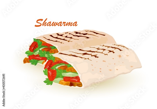 Cartoon of shawarma sandwich, delicious arabic roll with meat, salad and tomato. Vector kebab with chicken and onion in pita bread. Concept of middle estern cuisine, fast food isolated on white