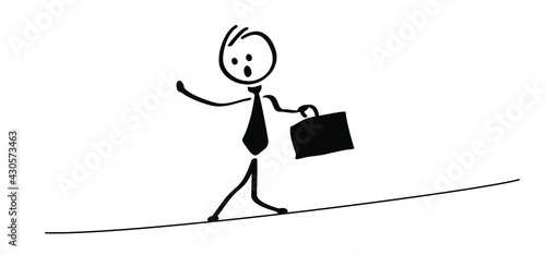 Business stickman man runs on a thin wire. Tightrope walker balancing. Vector silhouette sig. Stick figure man walking on a highliner to home or work. Business risk and professional strategy concept.