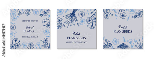 Set of hand drawn flax frames. Vector illustration in sketch style for linen seeds and oil packaging