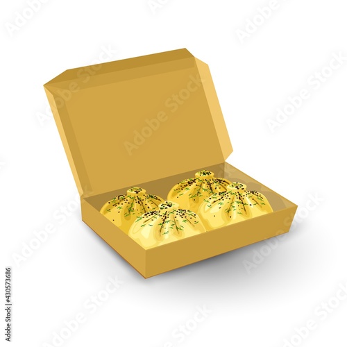 Cartoon cardboard box with tasty meal, hot khinkali served with greenery and herbs. Vector restaurant meal, dumplings for takeaway. Idea of gourmet food, cuisine, fast food isolated on white