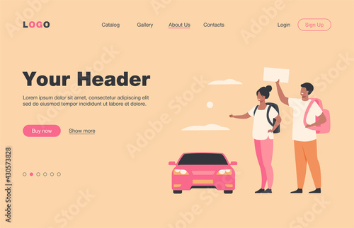 Young tourists with backpacks standing near road and hitchhiking isolated flat vector illustration. Cartoon happy couple thumbing to car. Vacation, road trip and adventure travel concept