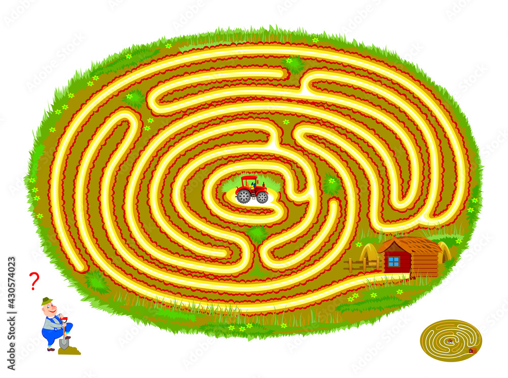 Vettoriale Stock Logic puzzle game with labyrinth for children and adults.  Help the tractor find the way out of the field. Worksheet for kids brain  teaser book. Play online. Vector illustration with