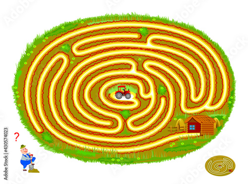 Logic puzzle game with labyrinth for children and adults. Help the tractor find the way out of the field. Worksheet for kids brain teaser book. Play online. Vector illustration with maze.