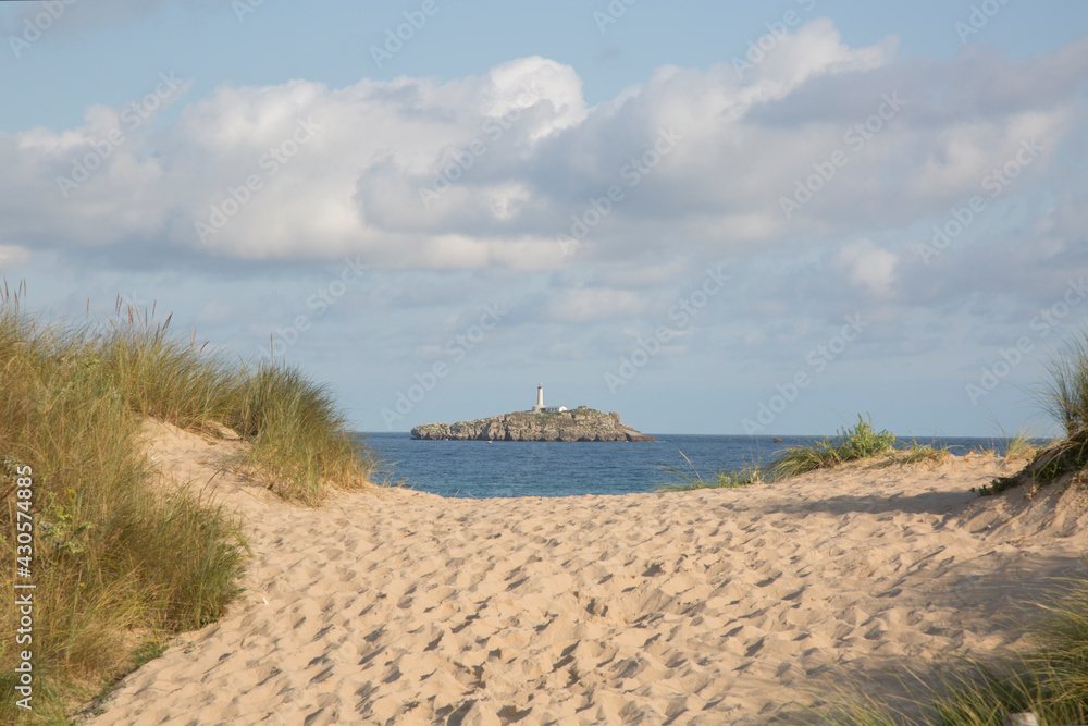 View of Somo Beach with Mouro Island and Lighthouse; Santander
