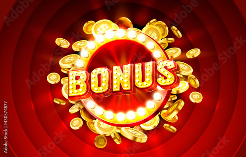 Casino Bonus label frame, golden banner, border winner, Vegas game. Vector