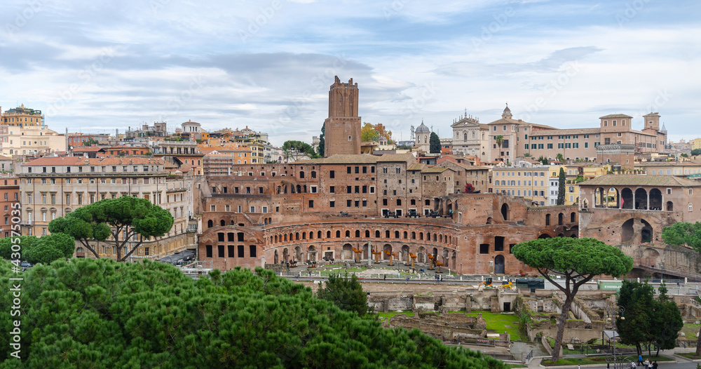 The forum and Market of Trajan in Rome, Italy. Trajan's Market (Mercati di Traiano) is one of the main tourist attractions of Roma. 