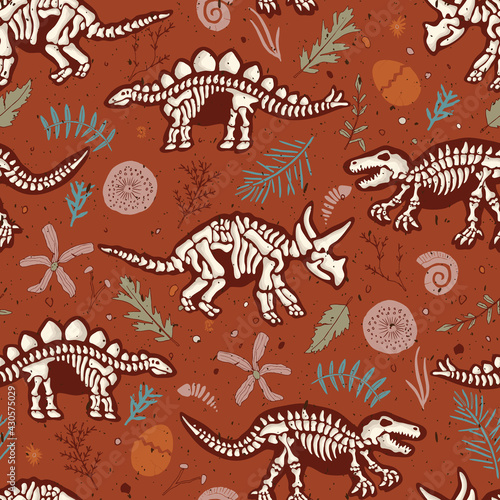 Paleontology Dinosaur Skeleton with Other Fossils Vector Seamless Pattern