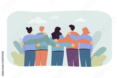 Back view of team members standing together flat vector illustration. Cartoon crowd of people embracing and looking forward. Community, diversity and communication concept