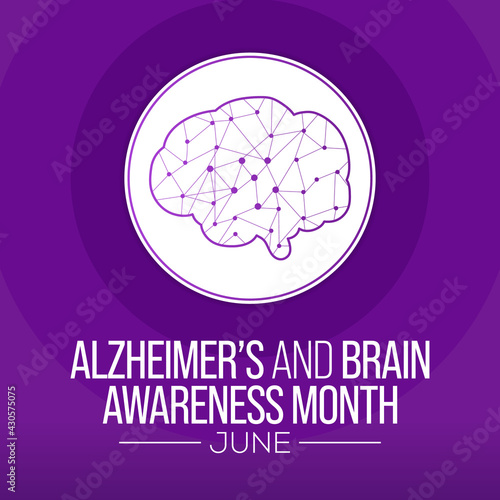 Alzheimer's and Brain awareness month is observed every year in June. it is an irreversible, progressive brain disorder that slowly destroys memory and thinking skills. Vector illustration.