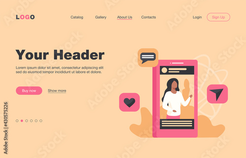 Social media post with picture. Blogger, video, like, sharing, repost flat vector illustration. Communication, marketing influencer concept for banner, website design or landing web page
