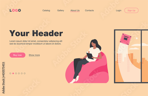 Woman relaxing at home while robot washing window. Female character sitting in armchair while machine cleaning room. Flat vector illustration for robotic cleaner, smart home, automation concept