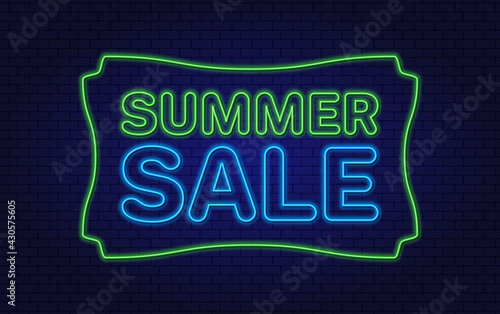 Summer Sale. Framed Text. Discount. Neon design element for banner, website, template for a discount. Glowing Vector Illustration.