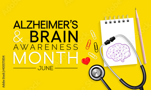 Alzheimer's and Brain awareness month is observed every year in June. it is an irreversible, progressive brain disorder that slowly destroys memory and thinking skills. Vector illustration.