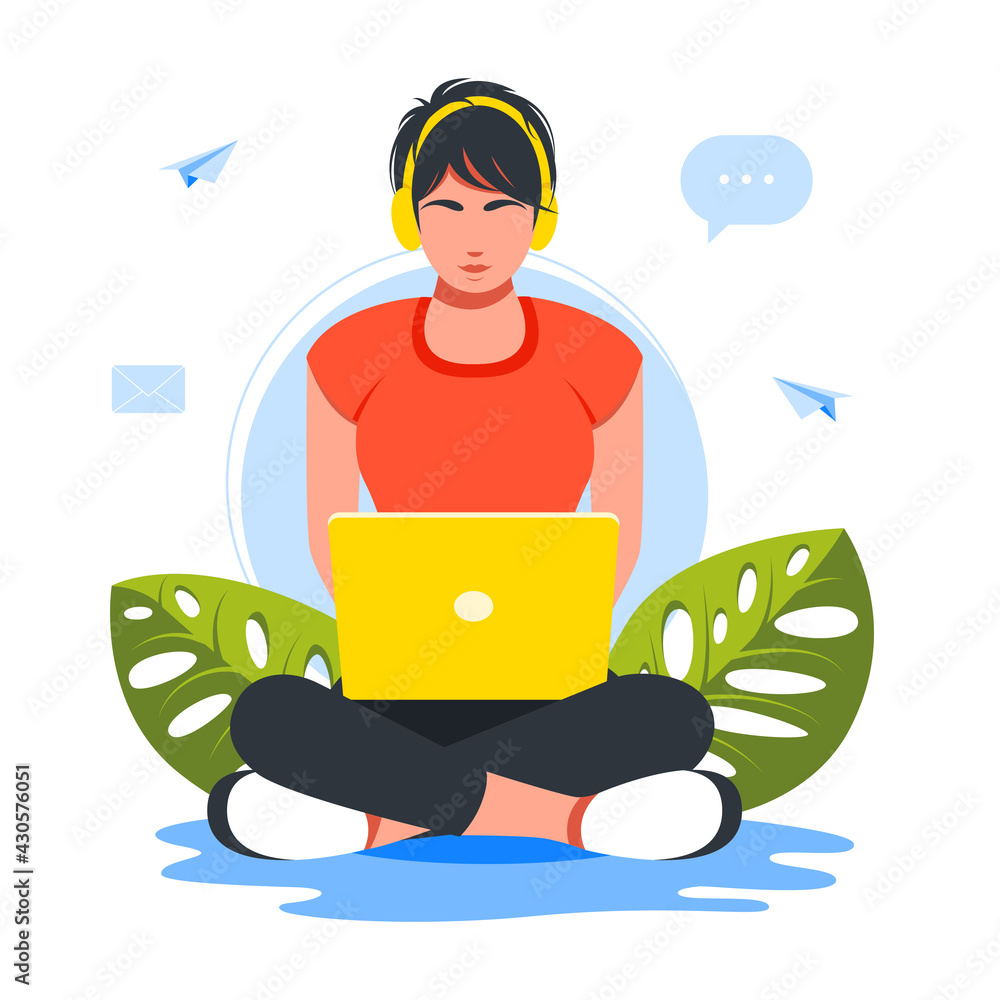 Business woman sitting in lotus position on floor using laptop and headphones.girl wearing headphones working at home on a laptop in lotus position. Freelance, online studying, work from home concept Business woman sitting in lotus position on floor using laptop and headphones.girl wearing headphones working at home on a laptop in lotus position. Freelance, online studying, work from home concept
