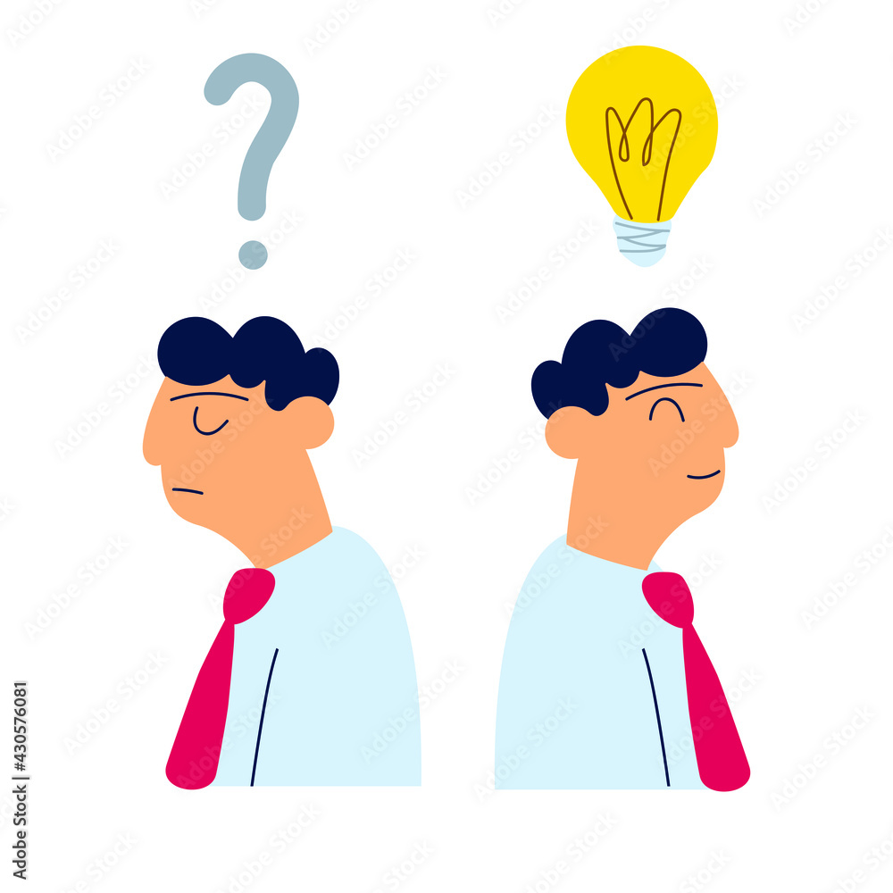 One businessman with doubt and another with idea. Vector hand drawn illustration on white background.