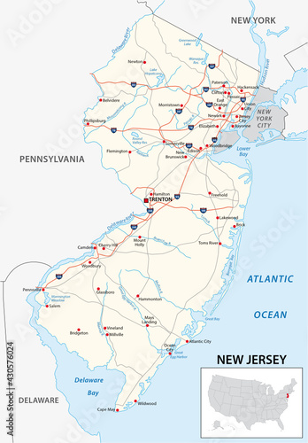 road map of the US American State of new jersey
