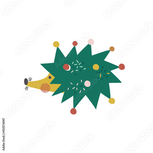 Cute funny hedgehog decorated like Christmas tree vector illustration isolated on white. Whimsy holly Xmas urchin clipart for kids. Seasonal winter holidays animalistic graphic design