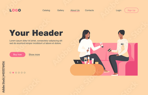 Smiling girl choosing cosmetics and skincare cream. Consultant, client, conversation flat vector illustration. Communication and make-up store concept for banner, website design or landing web page
