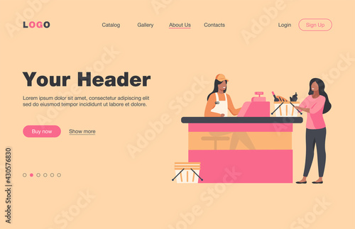 Young people standing near cashier in grocery store. Counter, payment, buyer flat vector illustration. Food, meal and products concept for banner, website design or landing web page