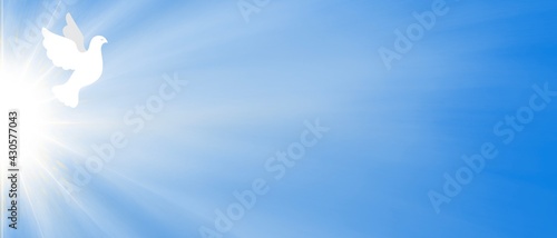 Banner sfondo azzurro colomba pasquale bianca nel cielo. Pasqua. Annunciazione. Pentecoste. Natale. Battesimo. Paradiso. Luce croce raggiante.