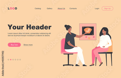 Happy pregnant woman consulting in gynecology office isolated flat vector illustration. Cartoon female patient talking with doctor in hospital. Medicine and pregnancy concept