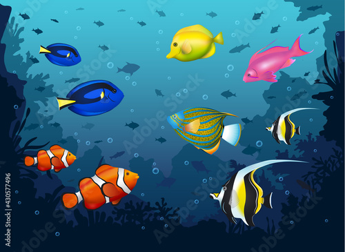 underwater deep sea background with tropical fishes