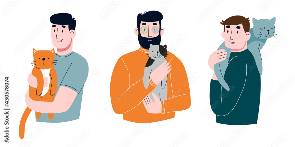 Men and their cats isolated on white background. Set of portaits of adorable pet owners and cute domestic cats. Flat vector illustration.