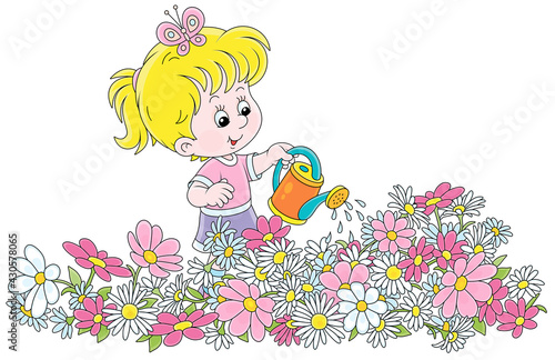 Happy little girl watering colorful garden flowers on a pretty small flowerbed on a summer day, vector cartoon illustration isolated on a white background