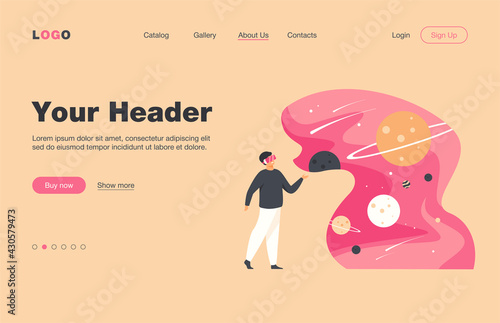 Man with VR headset in space isolated flat vector illustration. Cartoon character exploring galaxy and world in virtual reality. Education and digital technology concept