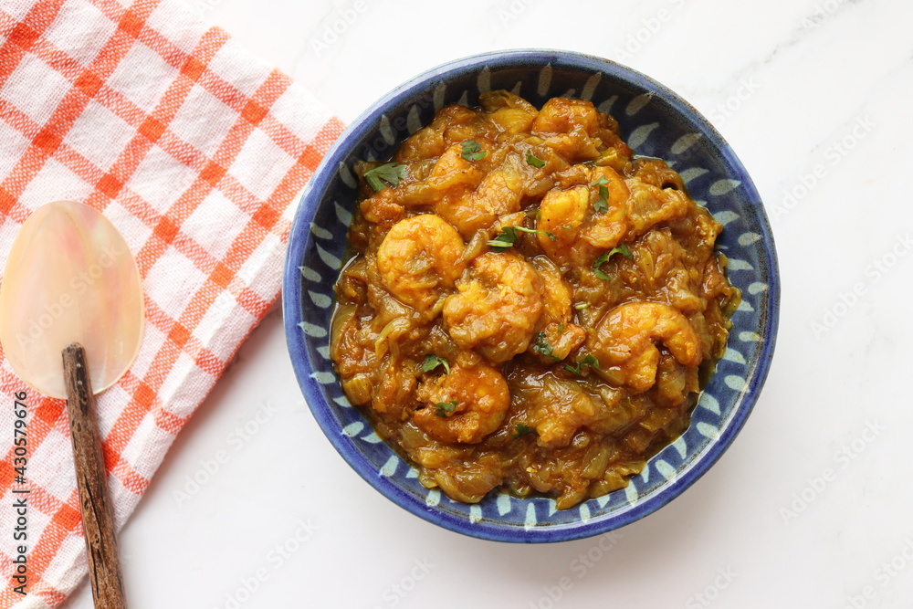 Indian food Prawns masala or shrimp curry. Also known as Kolambi che