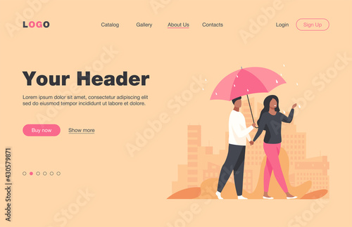 Young couple walking under umbrella in rainy day. City, date, street flat vector illustration. Weather and urban lifestyle concept for banner, website design or landing web page