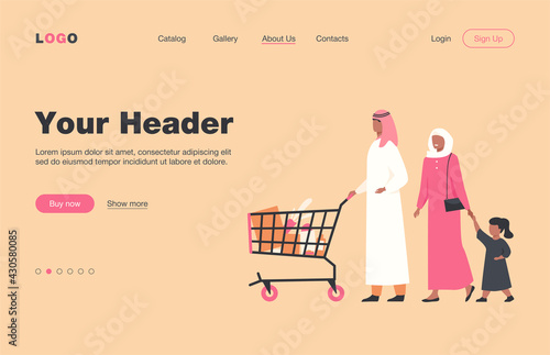 Muslim family buying food in supermarket. Arab cartoon characters wheeling shopping cart in grocery store. Vector illustration for retail, lifestyle, Arab people concept