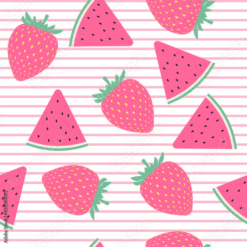 vector pattern with watermelon and strawberry. flat image of a pattern with tropical fruits.