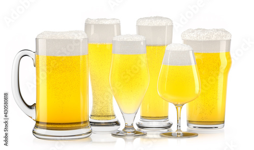 Set of fresh light beer glasses with bubble froth isolated on white background.