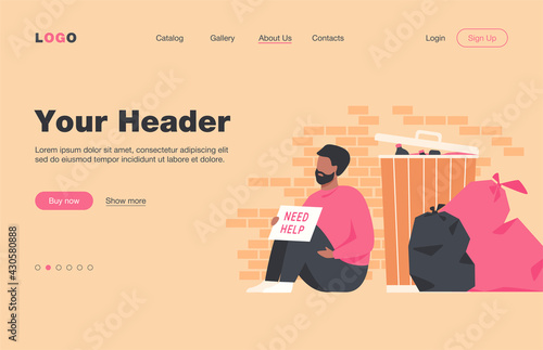 Homeless dirty man sitting on ground with nameplate need help isolated flat vector illustration. Cartoon desperate poor person sitting on street near trash. Charity and unemployment concept