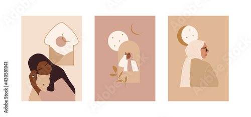 Fototapeta Naklejka Na Ścianę i Meble -  Trendy abstract collection with modern muslim posters for decorative design. Beauty hijab woman. Vector illustration on white background