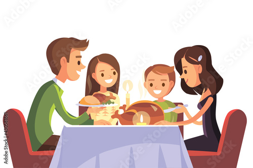 Family having holiday festive evening dinner homemade meal sitting around the table together celebrating Christmas thanksgiving. Mother, father,children,kids eating, making conversation. Family union.