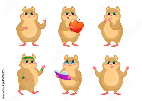 Cute hamster character vector illustrations set. Small cartoon animal standing, eating apple, reading book, doing sports isolated on white background. Animals, pets, mascot concept