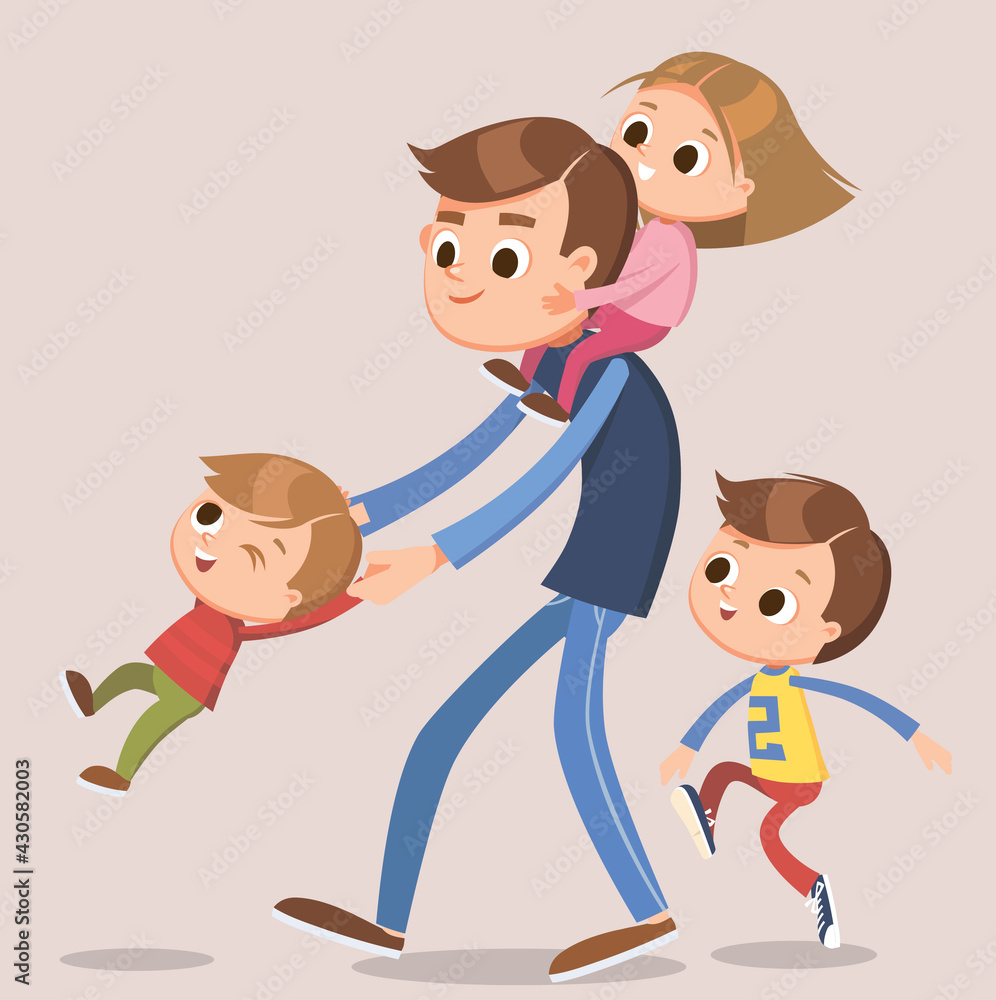 Daddy, father spending quality time with kids playing active games sports. Dad play having fun with sons, carry daughter on shoulders. Daddy, father spending quality time with kids playing active games sports. Dad play having fun with sons, carry daughter on shoulders.