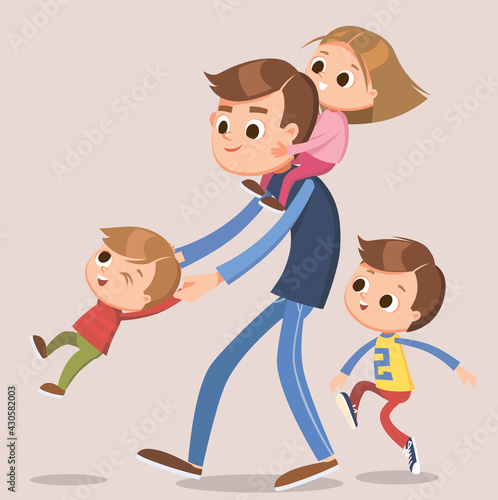 Daddy, father spending quality time with kids playing active games sports. Dad play having fun with sons, carry daughter on shoulders.