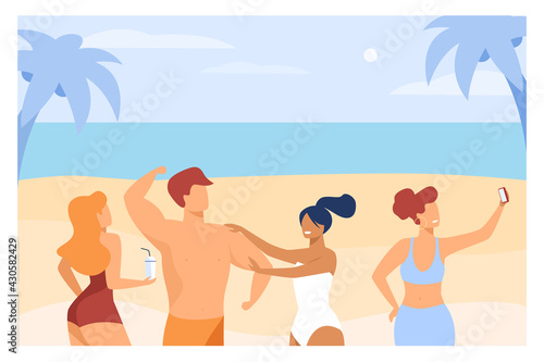 Group of friends having fun on beach. People at seaside chatting, taking selfie, touching biceps flat vector illustration. Beach party, vacation concept for banner, website design or landing web page