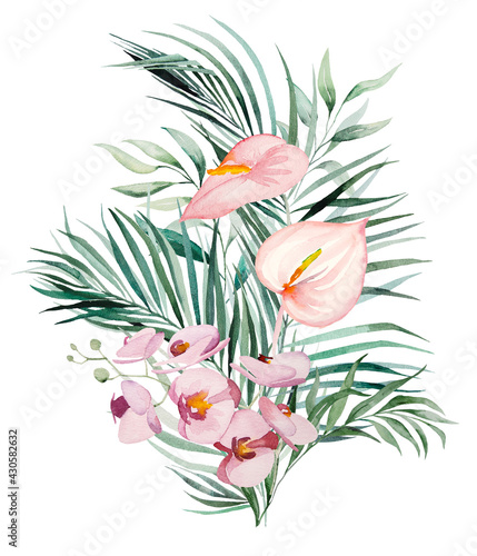 Fototapeta Naklejka Na Ścianę i Meble -  Watercolor tropical flowers and leaves bouquet illustration